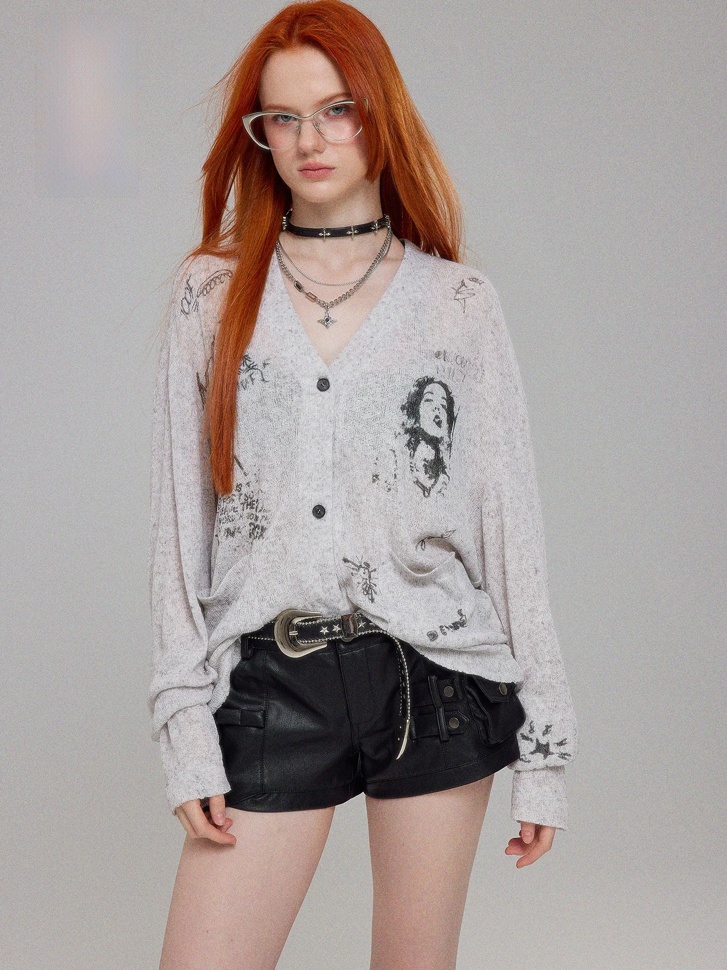 

Punk Fsy Knitted Ro Print Open Cardigan Spring Autumn Long Sve Women's irt Original Design Drapey Polyester Blend