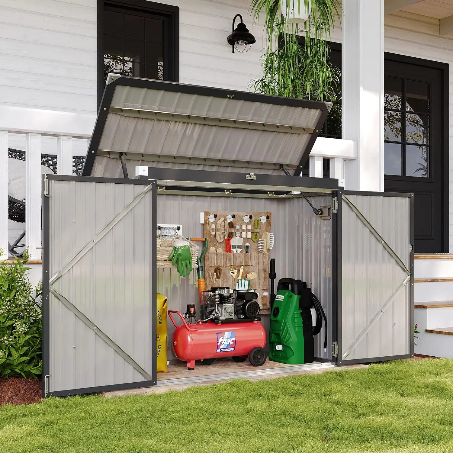 80 Cu.Ft Trash Can Shed w/Pneumatic Rod, 5x3 Ft Lockable Storage Shed w/Waterproof Lid, Patio Garden Use for 2 Bins, Customized
