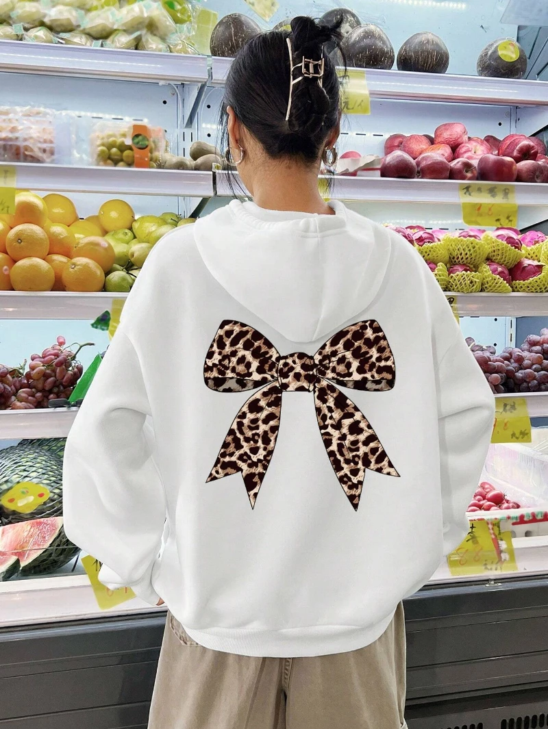 

Толстовки с леопардовым принтом и бантом для женщин, весна-осень, стиль Y2K, повседневная свободная толстовка, теплая уличная одежда с карманами, спортивная женская одежда