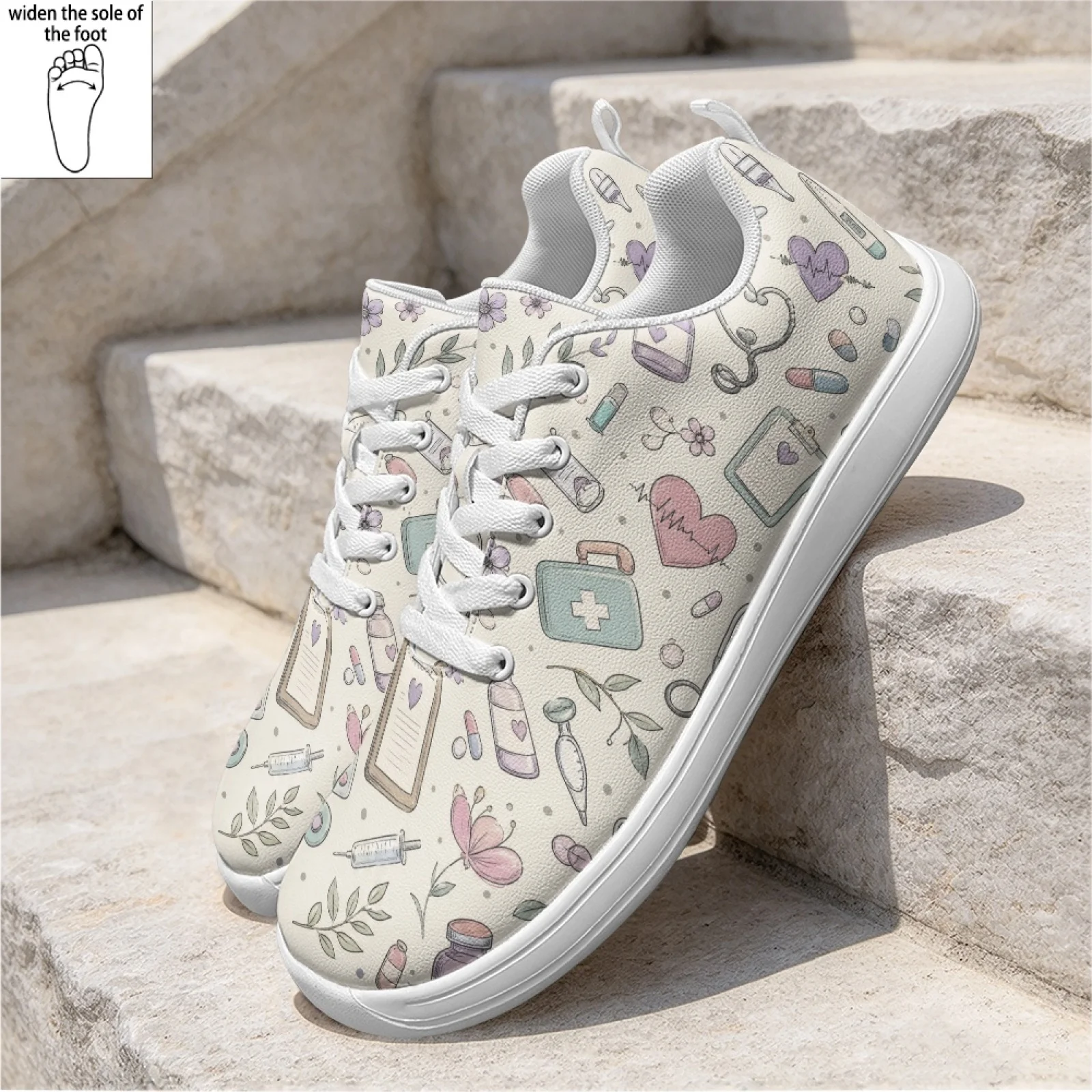 PENSTROLL PU Wipeable Nursing Shoes Wide Width Work Sneakers for Women Standing Nurse Floral Medical Pattern