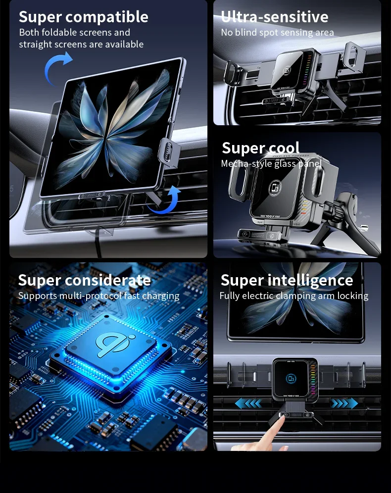 Auto-Ladegerät mit kabelloser Verbindung, automatische Verriegelung, 360°-Drehung ° Drehbarer Schnelllade-Autonavigationsständer für Samsung Z Fold 8/Z Flip 8 7 6 5 Ultra – Detail 3