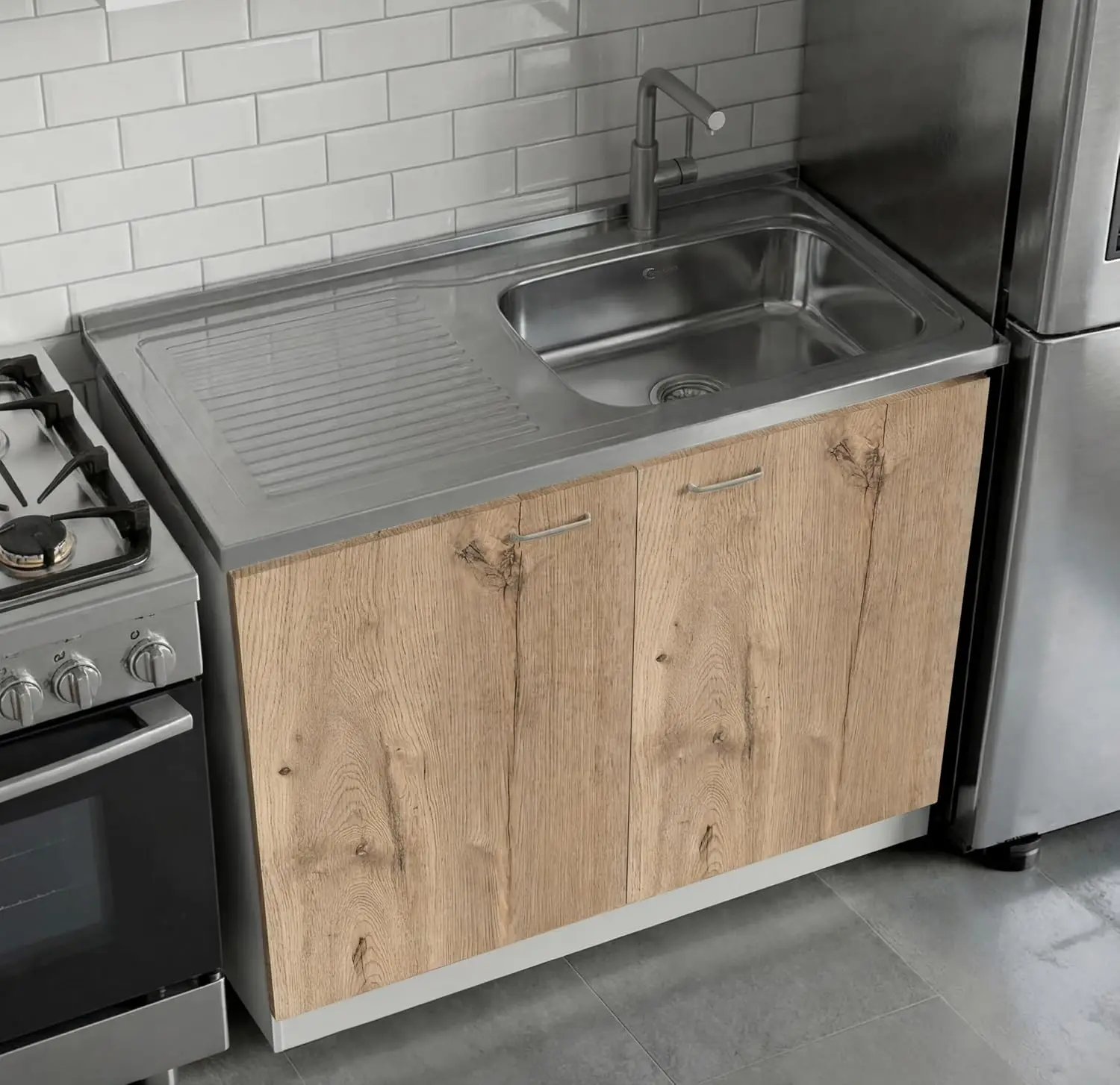 Napoles 39 in Kitchen Sink Cabinet and Utility Sink, Stainless Steel Top and Drainboard, Freestanding Laundry Base, 2 Doors