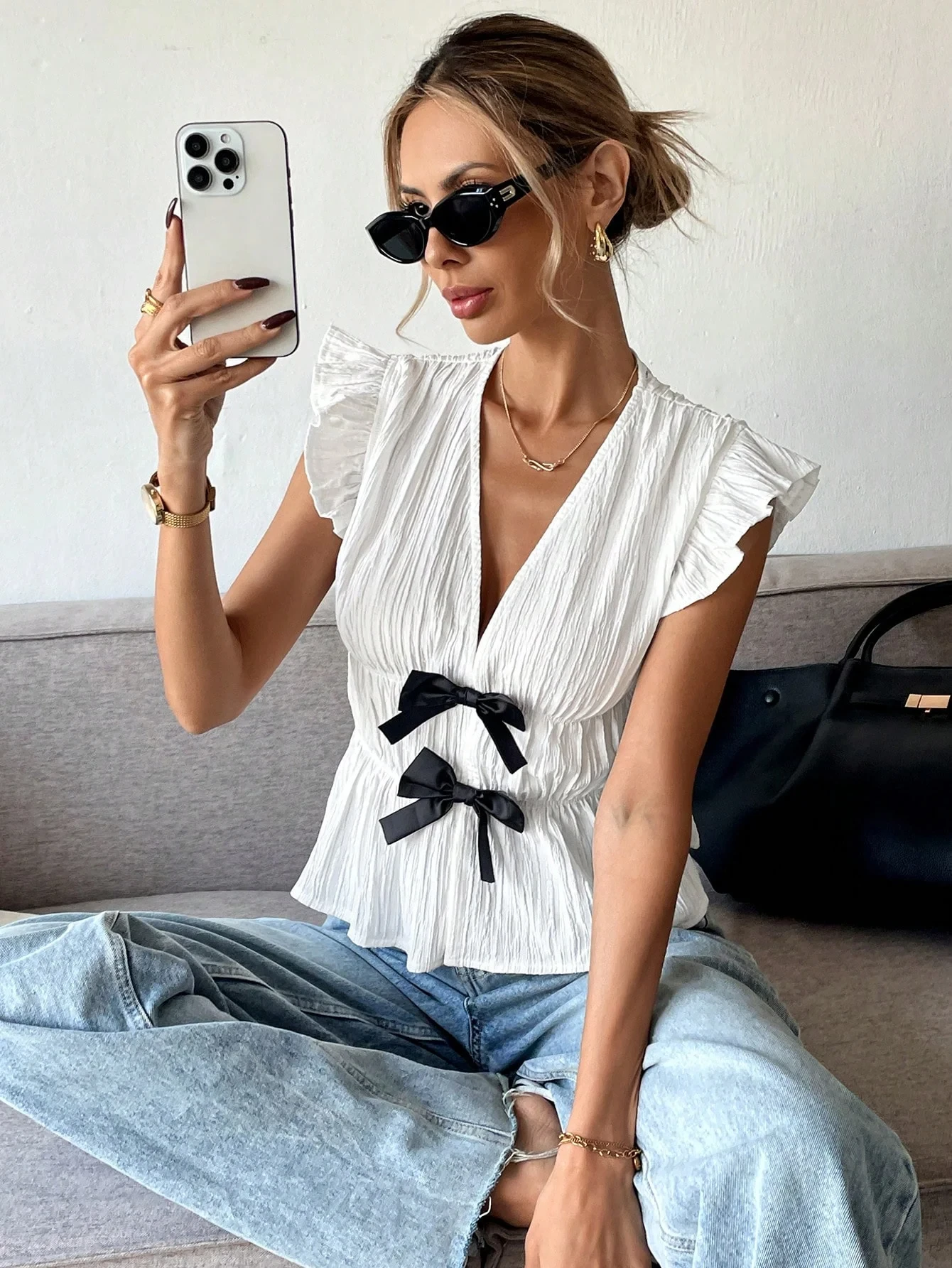 

Summer vacation style European and American short sleeved shirt bow cardigan shirt for women