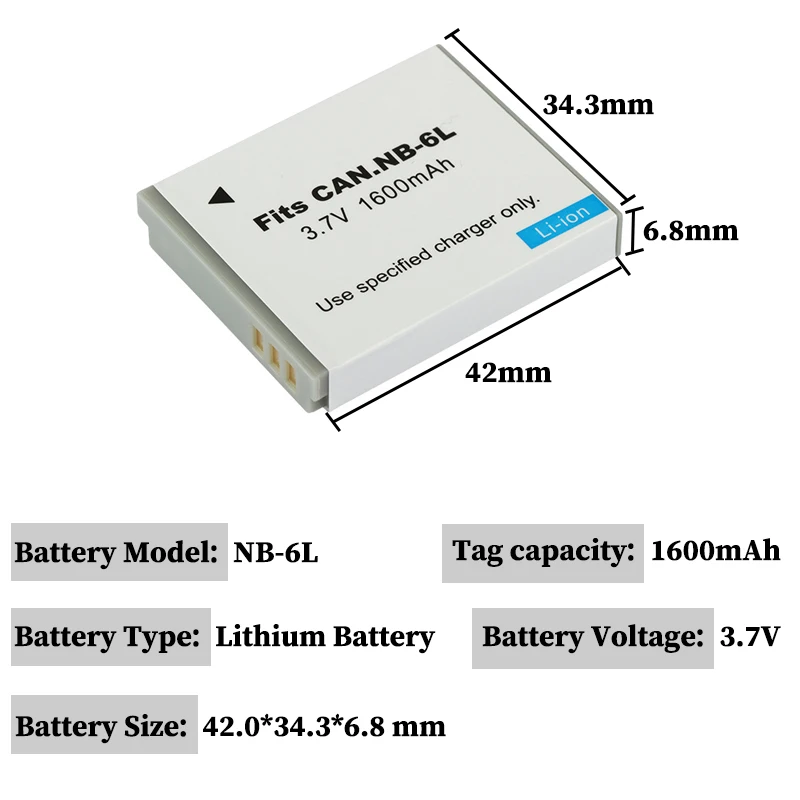 NB-6L NB6L Battery 1600mAh for Canon Powershot  SD770 IS D10 S90 IXUS 85 IS 95 200 25IS NB 6L Camera Batteries and Charger
