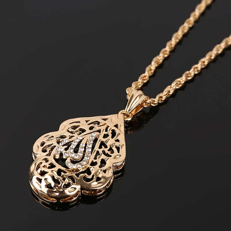 Arabic Royal Allah Pendant Gold Color Long Chain Necklace Pendant  Women Crystal Pendant Mulism Bridal Jewelry Pendants