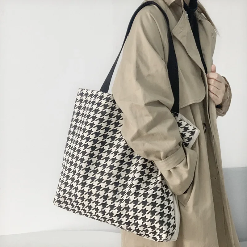 

Fashion Simple Thousand bird plaid Canvas Tote Bags for Women Casual Versatile Handbag Daily Commuting Students Shoulder Bag