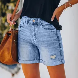 Women Summer Jeans Shorts Retro Hole Ladies Denim Pants Blue Casual Streetwear Folding Edge Shorts 2024