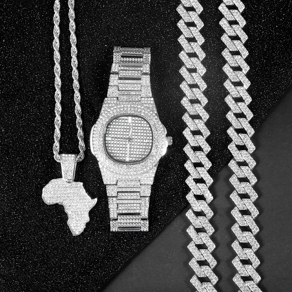 Men Iced Out Watch Jewelry Set Hip-hop Punk Diamond Watch+Cuban Chain+Map of Africa Pendant Necklace Stylish Men Women Gift Set