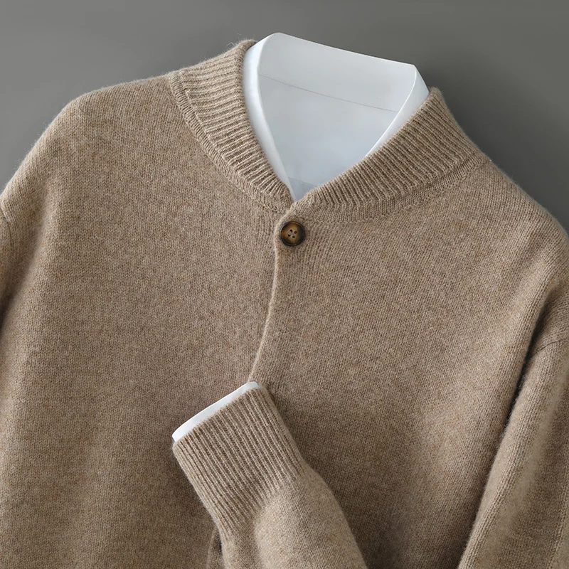 2025 Classic Men Knitted Baseball Collar Cardigan 100% Pure Wool Sweater Single-breasted High quality Thick Warmth Leisure Tops