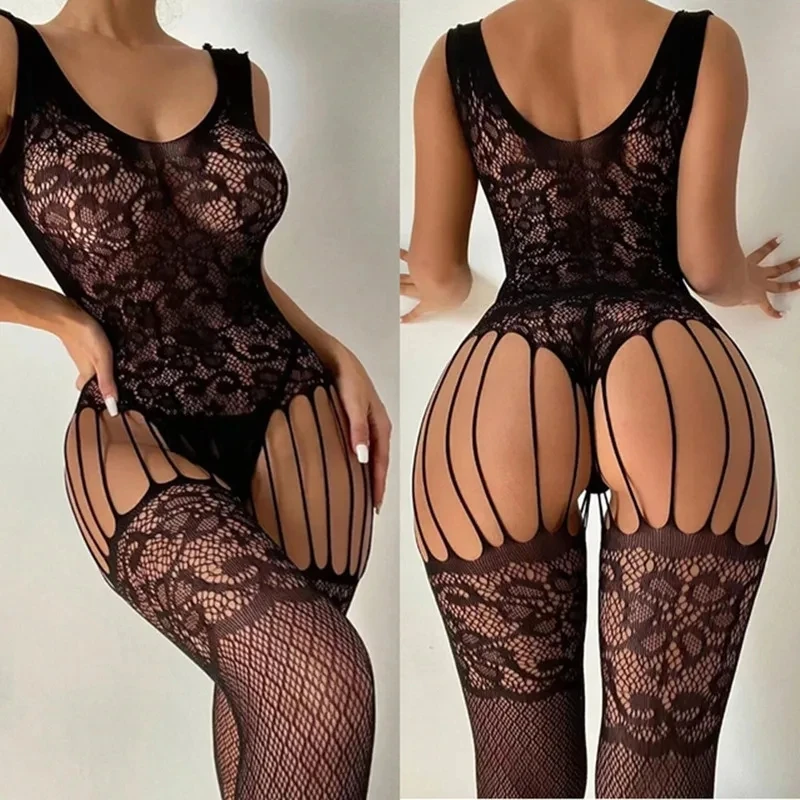 Exotic Crotchless Sexy Lingerie Fishnet Bodystocking Mesh Bodysuit Porno Costumes for Plus Size Women