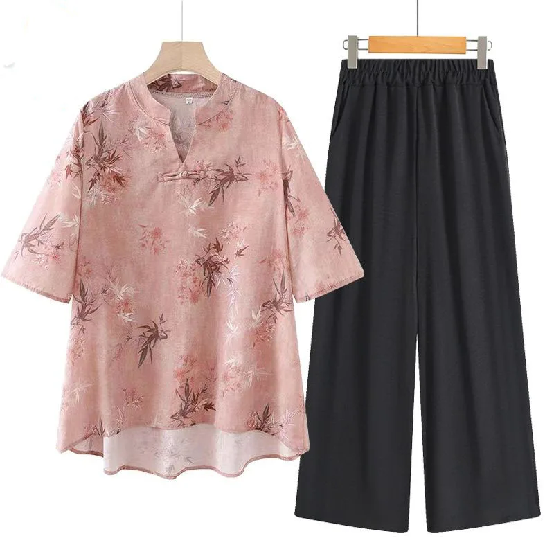 

New Female V-neck T-shirt Shirt Middle Age Mom Leisure Loose Pant Set 2PCS Ladies Summer Fashion V-neck Blouse Two Piece Suit