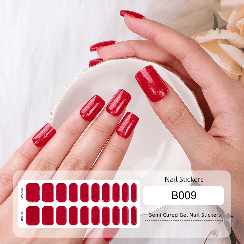 16/20Tips UV Semi-Cured Gel Nail Wraps Sticker Pure Red Color Full Cover UV Gel Sticker Long-Lasting Nail Extension Patch Strips