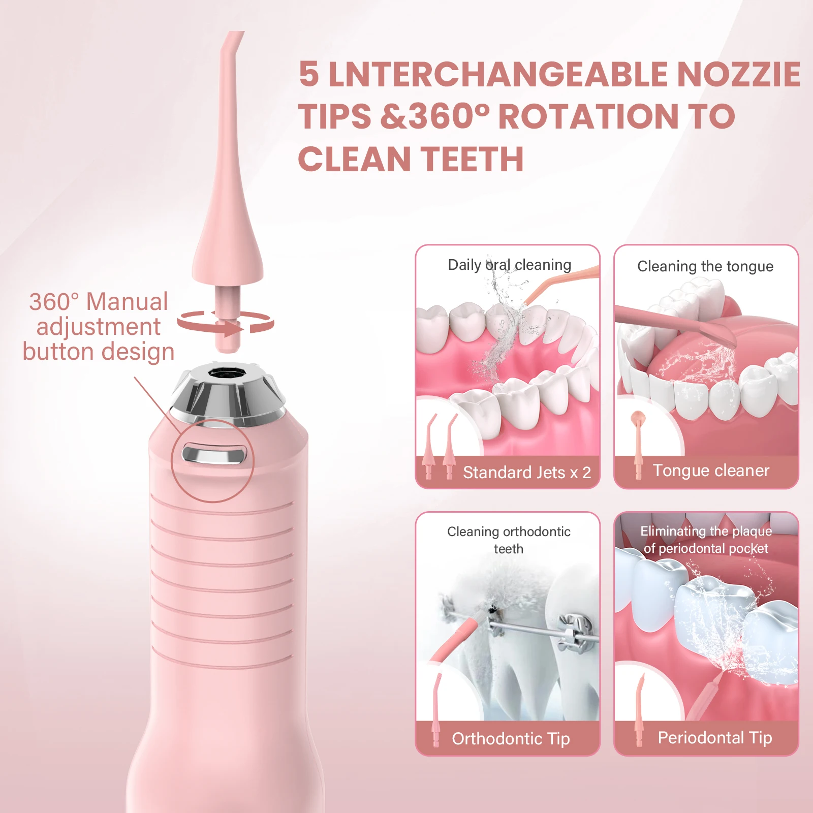 SEJOY Dental Oral Irrigator Water Flosser USB Rechargeable,5 Working Modes,5 Nozzles, 270ml Tank,Water Floss Teeth Pick