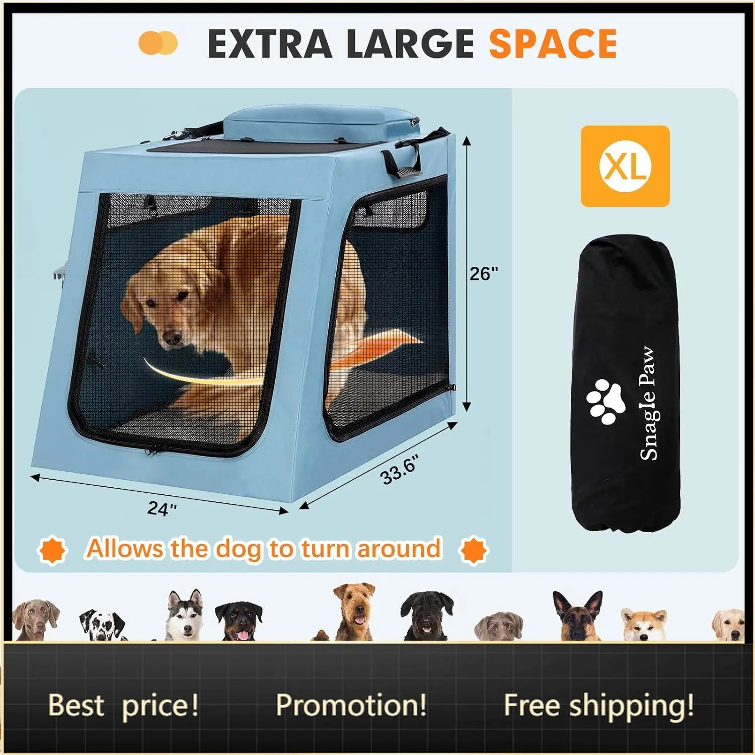 Portable Dog Crate for Car Travel, Collapsible Large Dog Travel Crate with Metal Frame & 3-Door Mesh Windows, Secures in Trunk/B