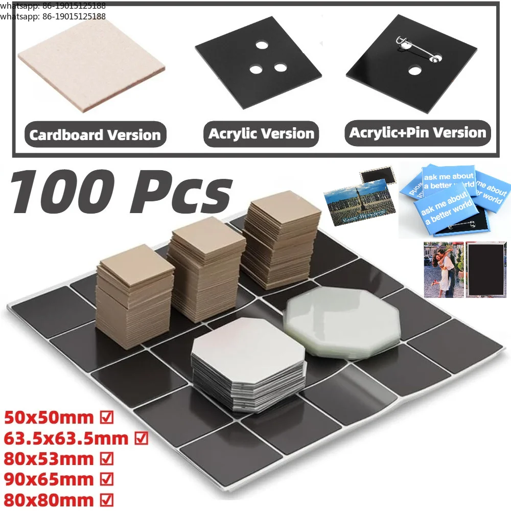 100 Sets DIY Photo Fridge Magnet Making Materials 50x50/65x90/53x80/63.5x63.5/80x80mm Cardboard/Acrylic/Pin Version Crafting