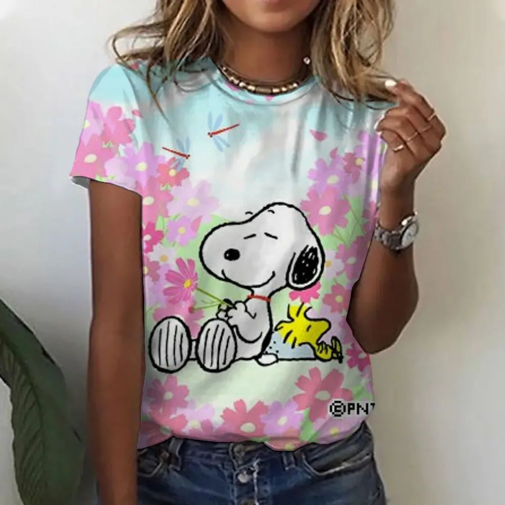 Fashion Snoopy Print Casual O-neck Top Tee Shirt Women Black White T-shirtWomen T Shirt Harajuku Short Sleeves T shirts