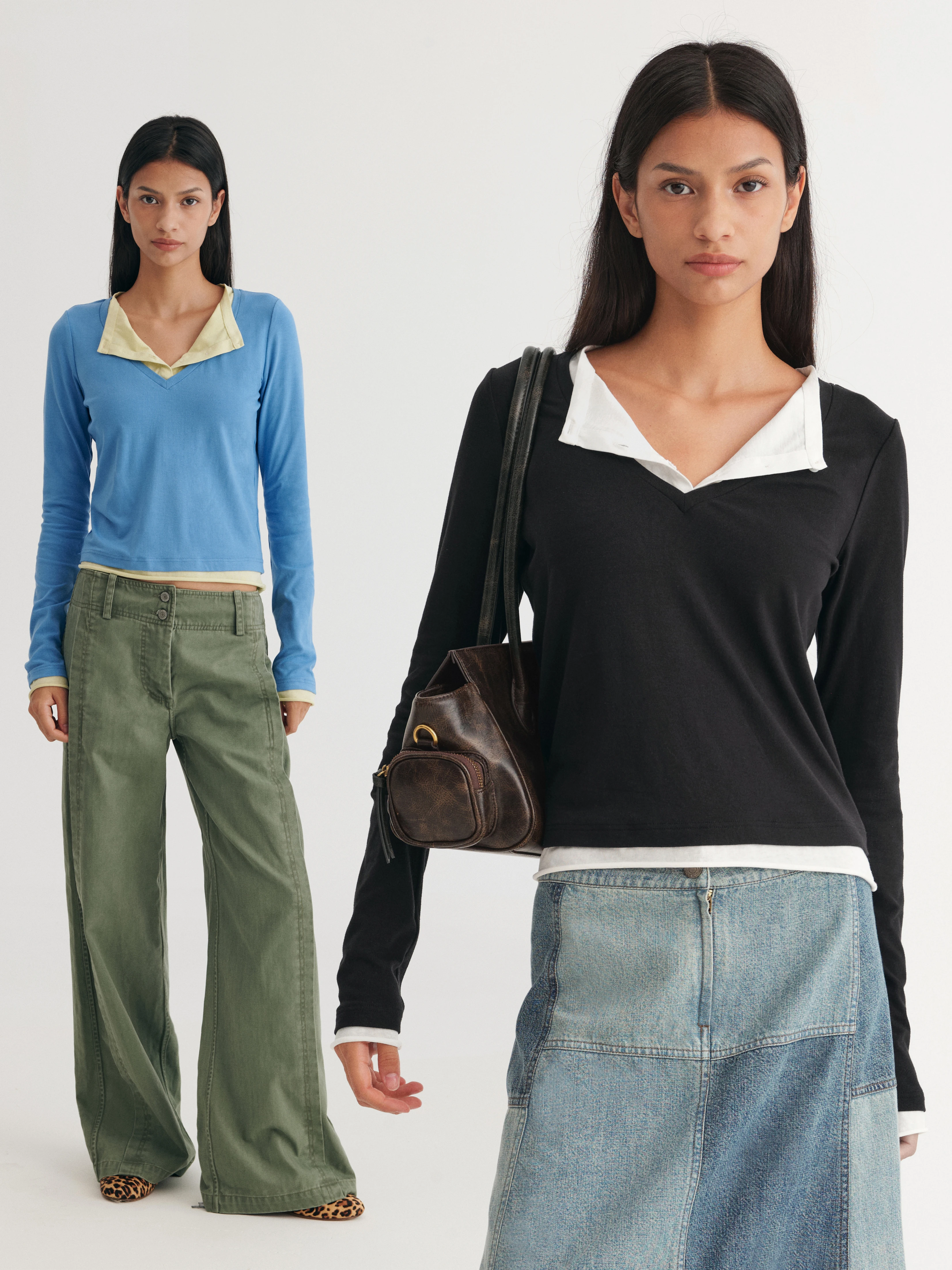 Dozzease Women's Long Sleeve V-Neck Color Block Base Shirt Henry Style Versatile Top Autumn Slim Fit Splice Contrast Color T-...