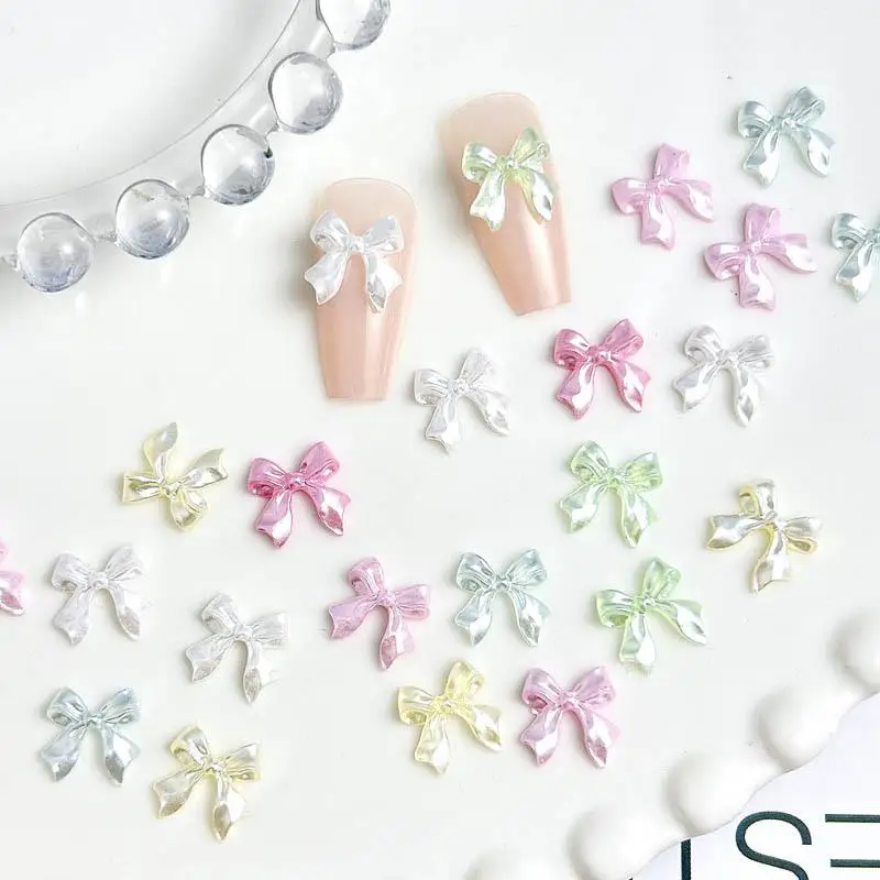 60PCS Transparent Colorful Ribbon Bow Nail Charms Minimalist Glossy Bowknots Sweet Style Resin Nail Art Decorations DIY Manicure