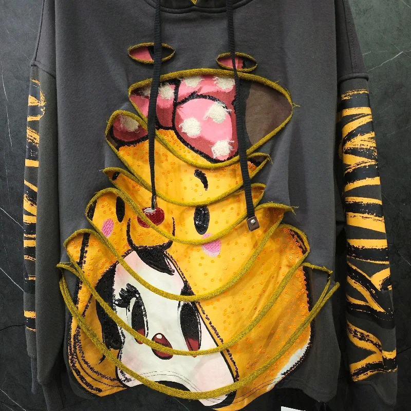 2025 automne industrie lourde nouveau chapeau fille faux deux pièces conception sweat à capuche femmes ample décontracté polyvalent haut à capuche manteau