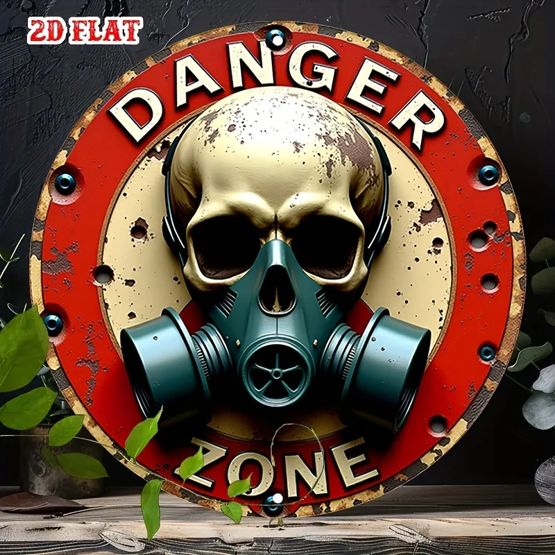 2D Flat "Danger Zone" Gas Mask Skull Round Tin Sign - Retro Post-Apocalyptic Biohazard Art Metal Wall Decor for Man Cave, Bar, S