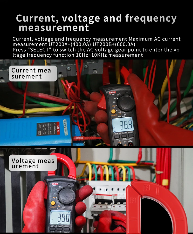 متر المشبك الحالي الرقمي UNI-T ، UT200A + UT200B + AC ، الفولتميتر ، مقياس التيار الكهربائي ، كماشة ، مقياس الأمبير المشبك المتعدد ، اختبار كهربائي