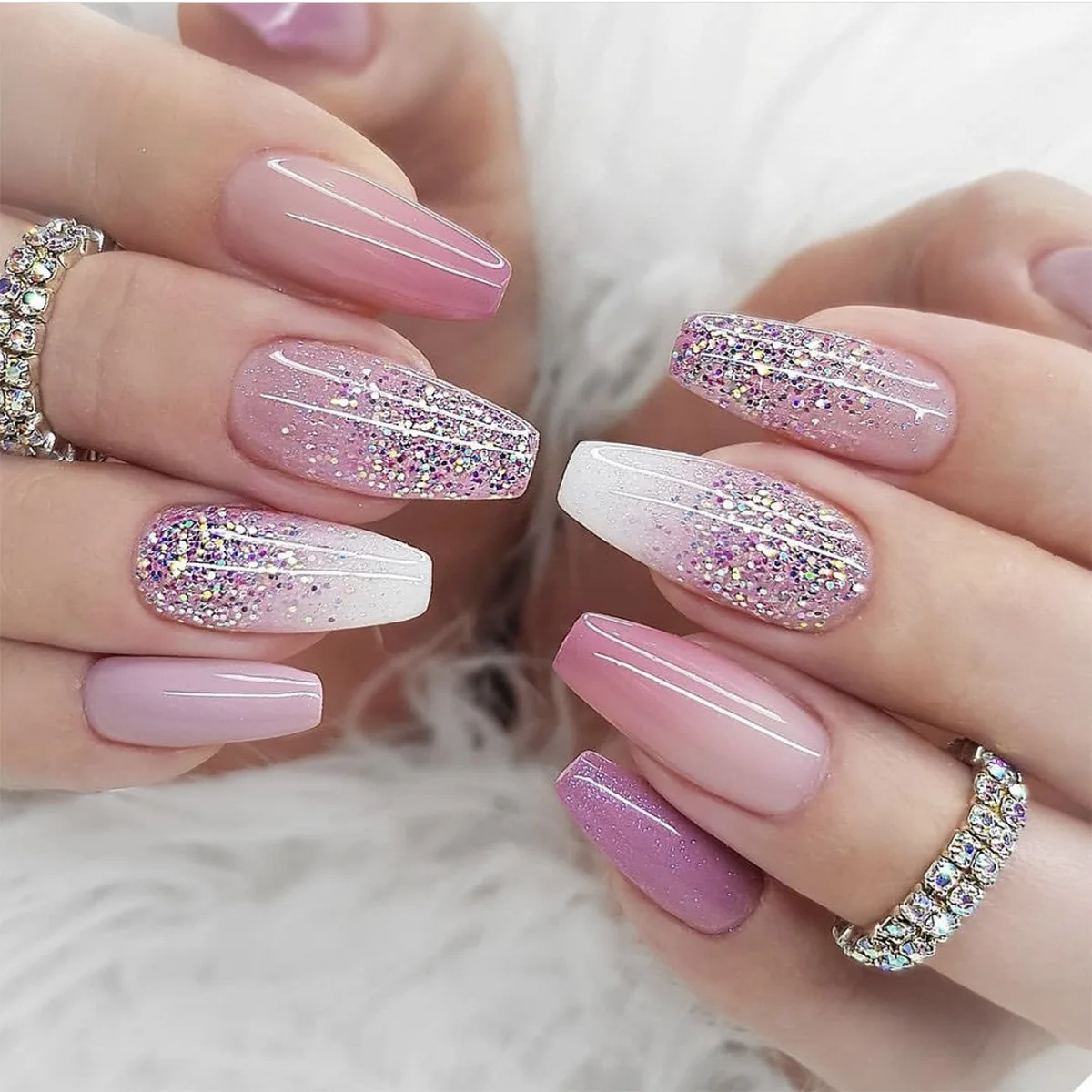 Purple Pink Gradient Silver Glitter Powder Short T-shaped Fake Nails Full Cover Finished False Nails Press on Nails with Glue