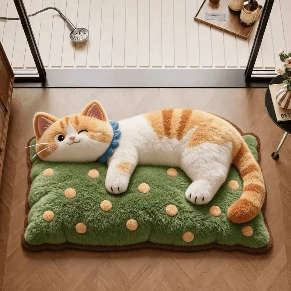 Cute 2D Cat Area Rug Non-Slip Anti-fouling Home Decor Carpet Pashmina Easy to Clean Cartoon Carpet Living Rooms