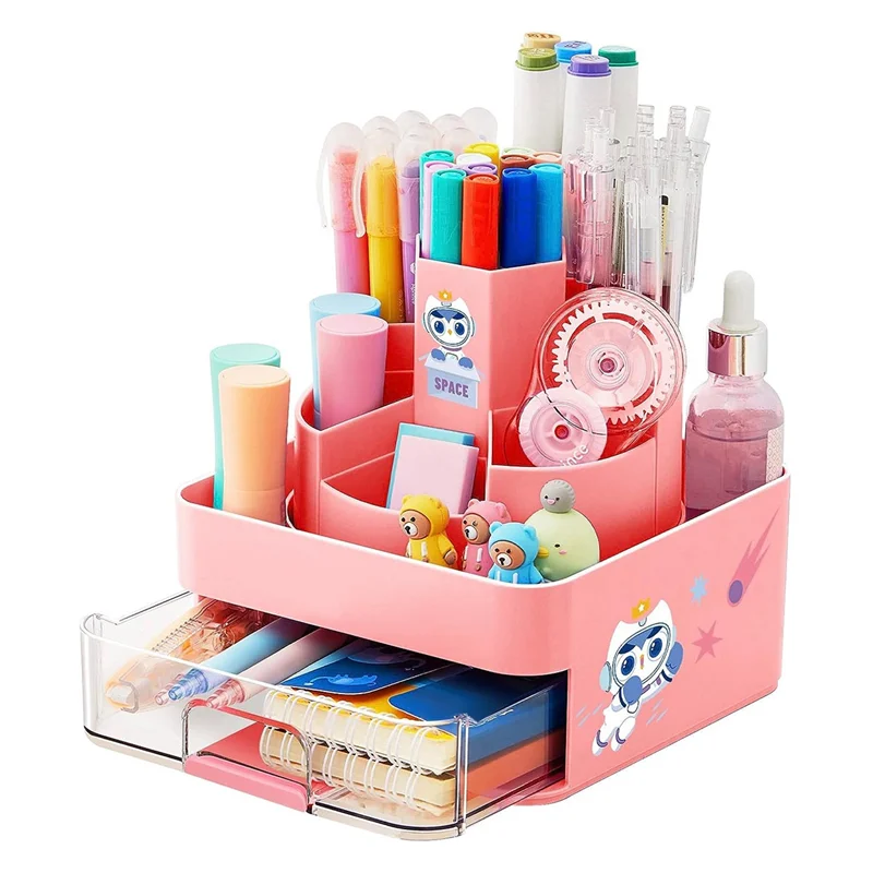 

Rotating Pen Pencil Holder Desk - with 11 Compartments for Home Pink