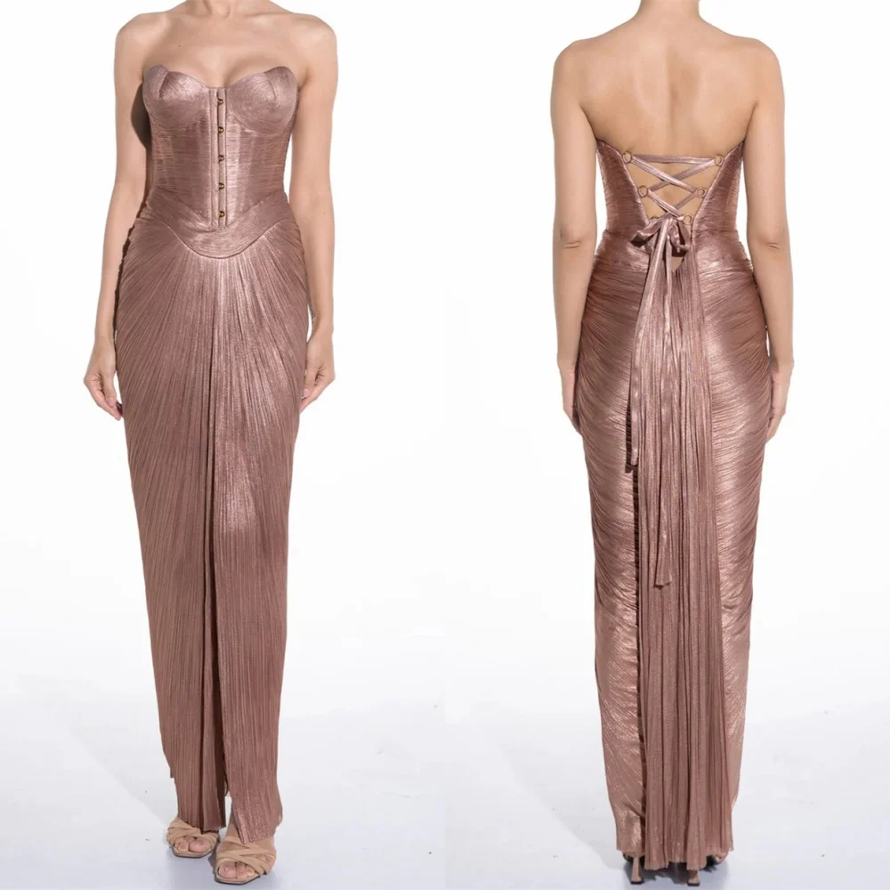 

Customized Exquisite Pink Satin Vestido De Festa High Quality Strapless Mermaid Zipper Back Customized Homecoming Dress