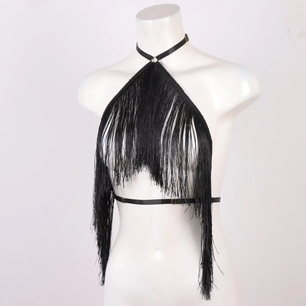 Women'S Black Tassel Halter Top-Adjustable Elastic Harness, All-Season Wear, Casual Attire Top,Tassel Detail Top