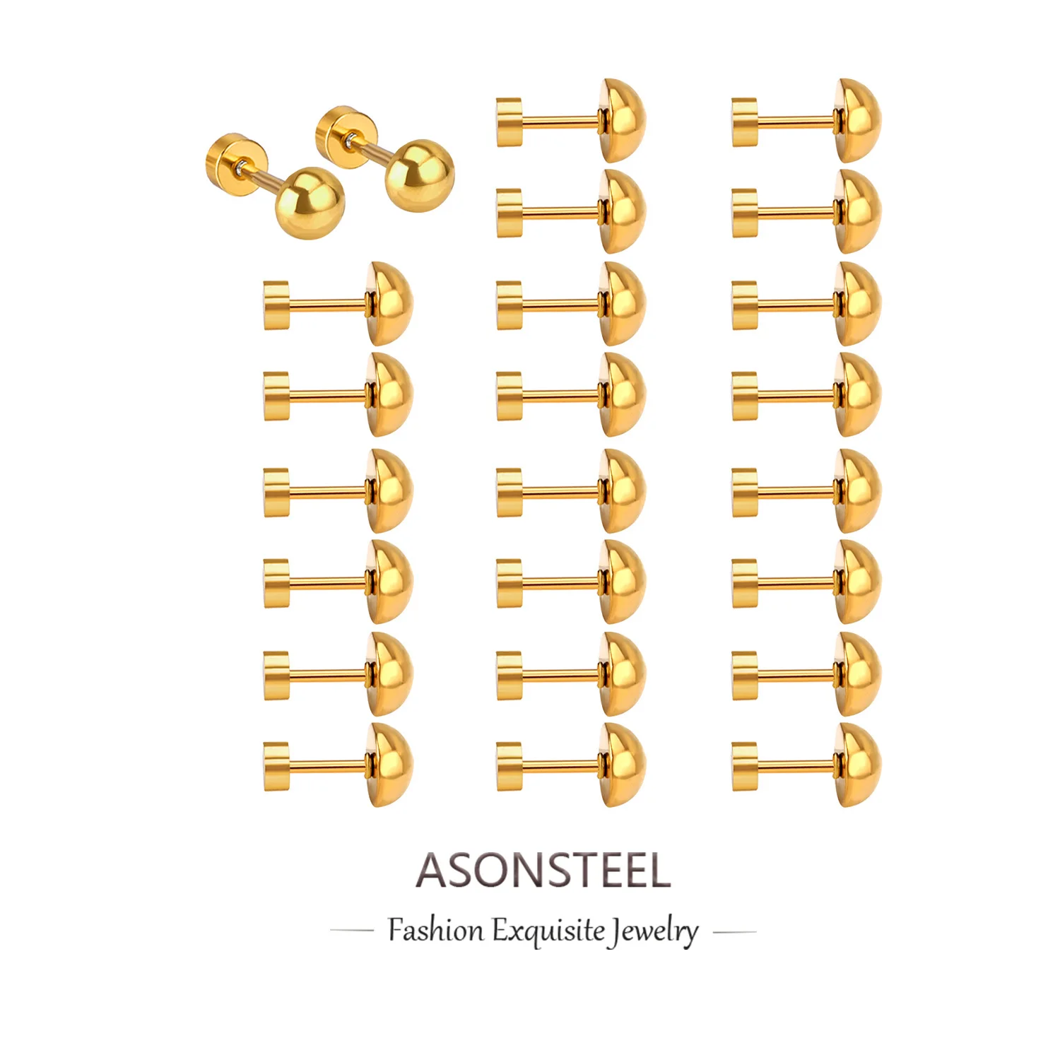 ASONSTEEL 12 Pairs/lot Stainless Steel 4-8mm Ball Stainless Steel Stud Earrings Trendy Charm 18K Gold Plated Jewelry Waterproof