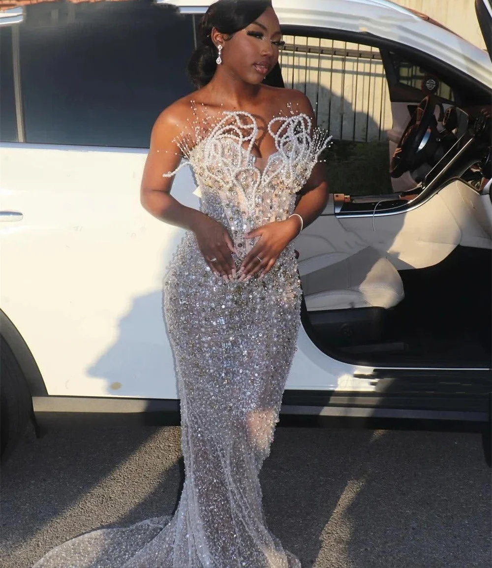 Abiti da ballo con perline scintillanti 2025 Sirena di lusso Perle 3D Corsetto Aso Ebi Festa di nozze Compleanno Abito da sera formale Personalizzato