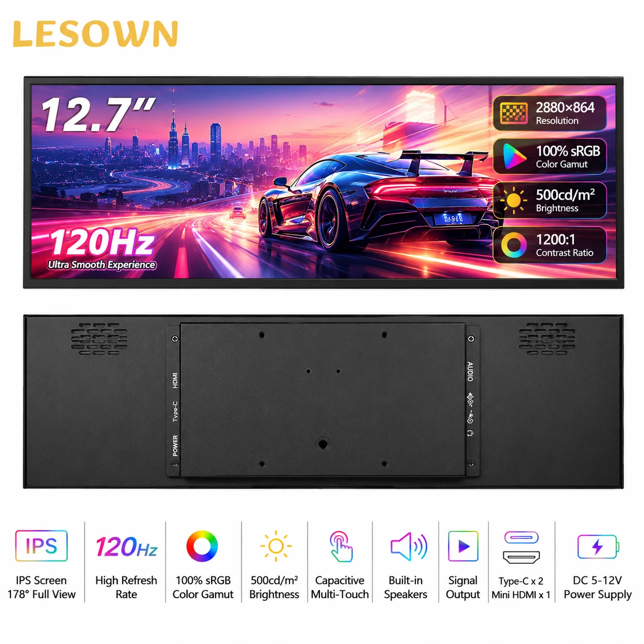 LESOWN 12.7 Inch External Display 16:4 Aspect Ratio Matte Black Portable Screen Driverless Setup for Mini PC