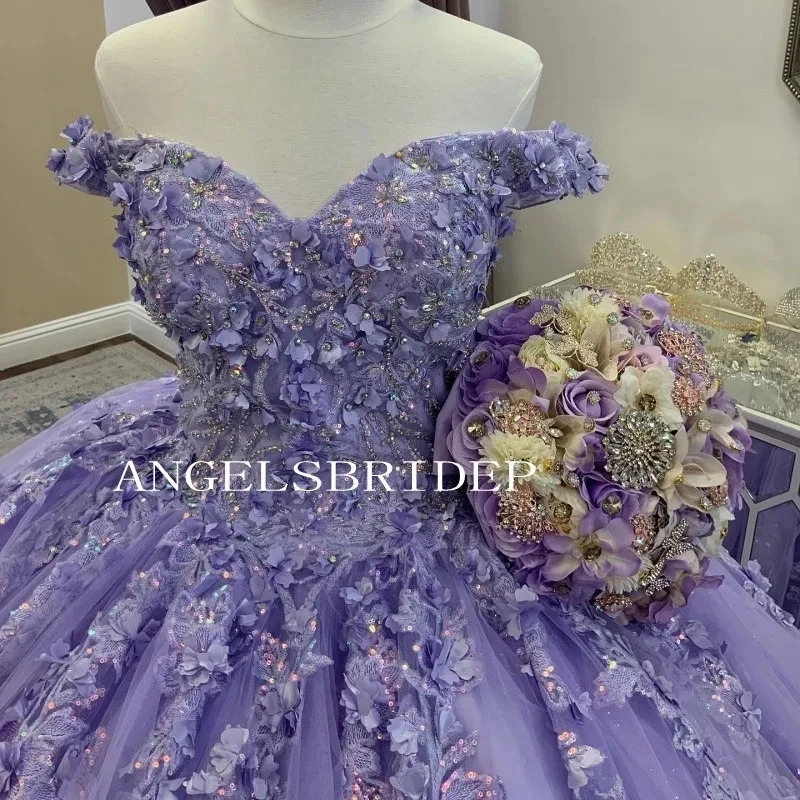 Angelsbridep Baljurk Quinceanera Jurken Luxe Kristallen Bloemen Vestidos De Fiesta Meisjes Off Shoulder Prinses Feestjurken