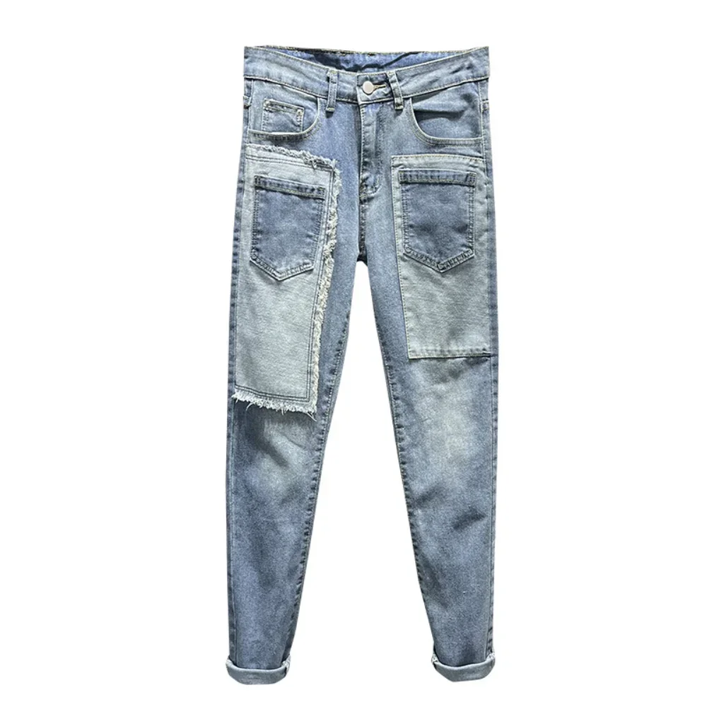 Summer Street Men Jeans Splicing Trousers Youth Popular Mid Waist Casual Elastic pants y2k demin cargo pants men trousers