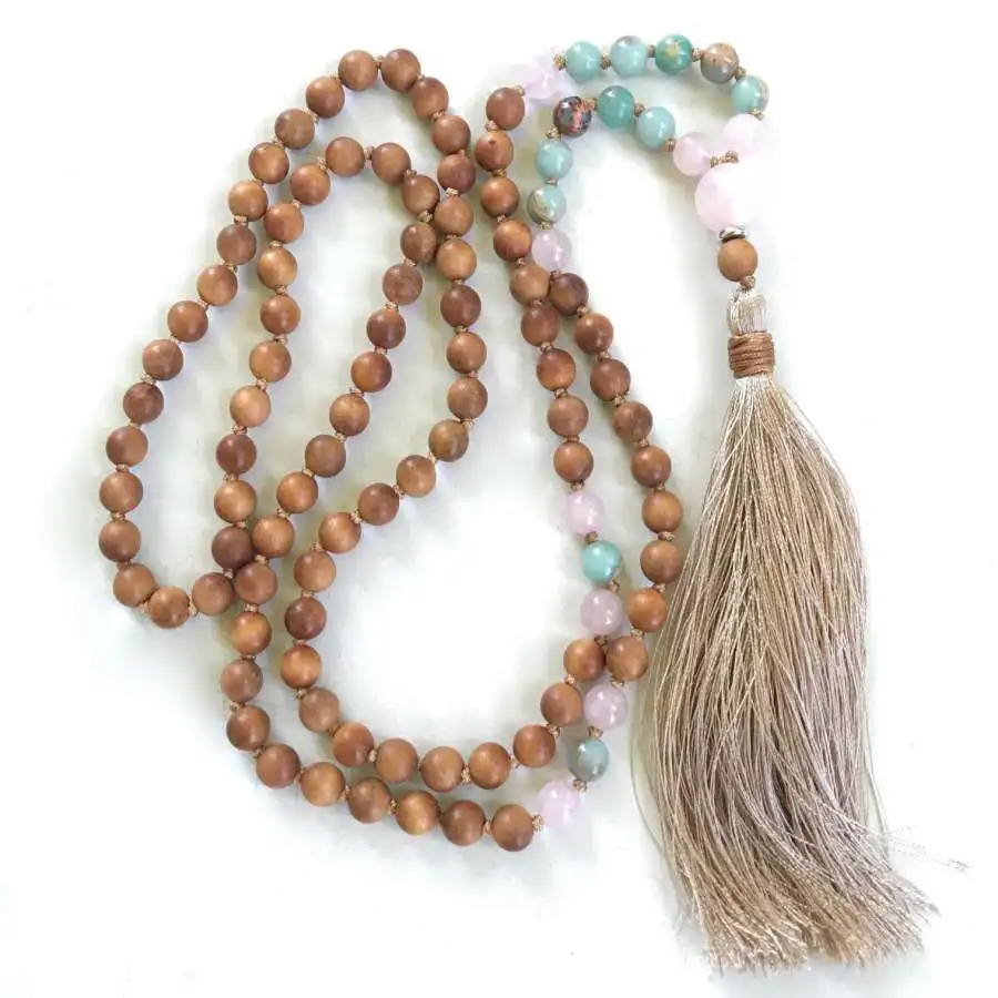 

Natural Wood, Rose Quartz & Amazonite 108 Mala Beads Necklace with Beige Tassel Love & Calm Healing Crystal Jewelry