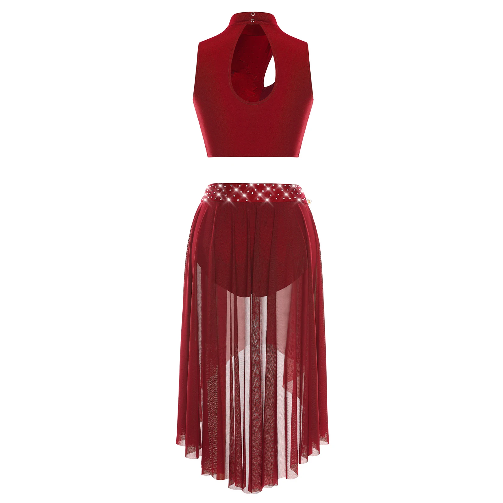 Womens Elegant Lyrical Dance Costume Set Sleeveless Embroidery Crop Top & Applique High-Waist Skirt Hollow Out Belly Dance Wear