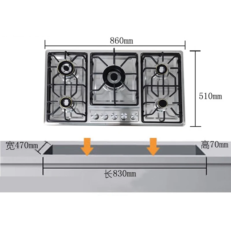 Five-hole Stainless Steel Gas Cooktop Built-in 5 Burners LPG/NG Convertible Dual Fuel Gas Hob