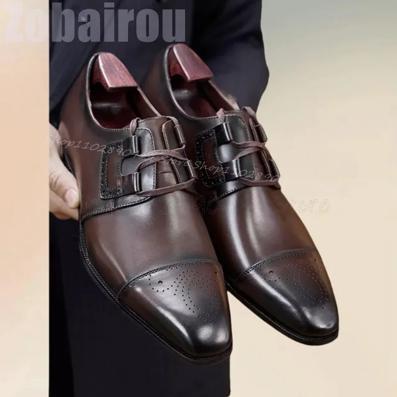 Brown Carving Design Square Toe Strappy Loafers Fashion Lace Up Men Shoes Luxury Handmade Party Banquet Office Men Dress Shoes