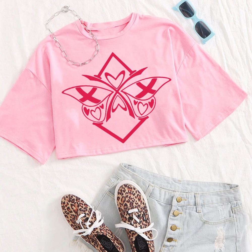 Hazbin hôtel Logo conception graphique chemise femmes col rond manches courtes hauts courts T-shirt