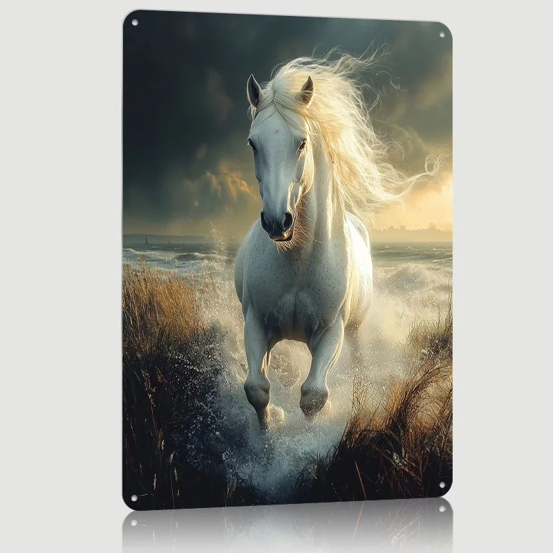 White Horse Galloping Through Water Tinplate Poster Customized Wall Art Vintage Metal Signs Retro Tin Plaque for Home and Garden