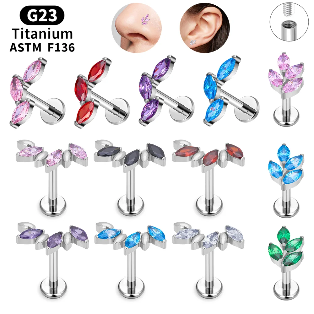 

G23 Titanium Leaf Pattern Nose Studs Color Marquise CZ Paved Labret Lip Stud Ear Tragus Cartilage Conch Daith Piercing Jewelry