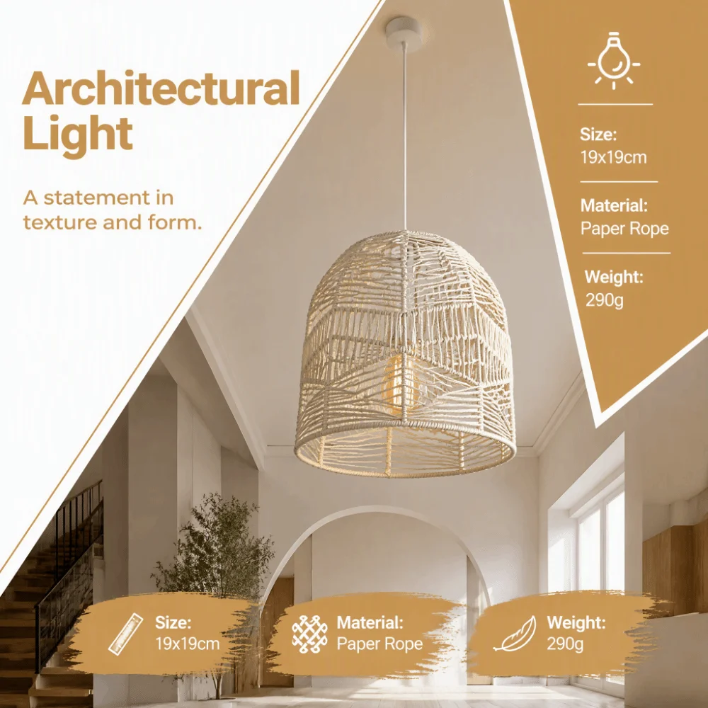 Handwoven Paper Rope Lamp Shade Natural Rattan Decorative Pendant Light Fixture Hand-Woven Bamboo Minimalist