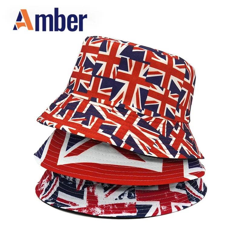 

Amber Bucket Hat British Flag Print Double Side Hats England Flag Reversible Cap Unisex Foldable Cap Cotton Fashion High Quality