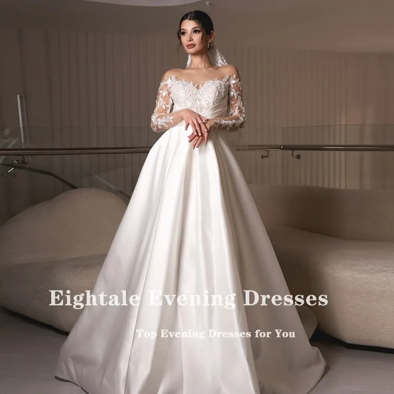 Eightale Nuovo Abito da Sposa O-Collo Personalizzato Bianco Avorio A-Line Appliques Pizzo Manica Lunga Abito da Sposa in Raso Robe De Mariée