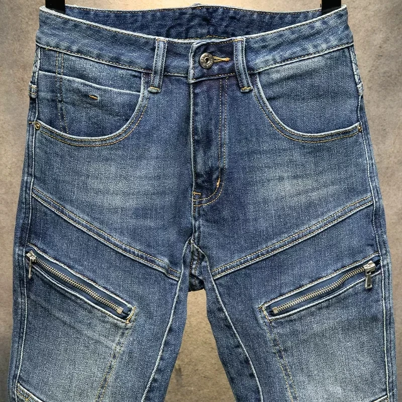 High Street Fashion Men Jeans Retro Blue Spliced Designer Elastic Skinny Biker Jeans Men Patched Hip Hop Denim Pencil Pants Men