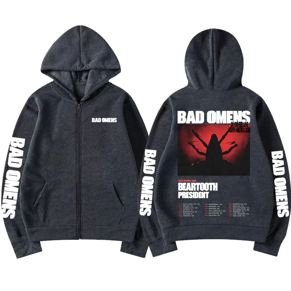 روك باند باد البشائر هل تشعر بالحب جولة 2026 قلنسوة بسحاب الرجال النساء عادية المتضخم زمم سترة الرجال خمر الشارع الشهير