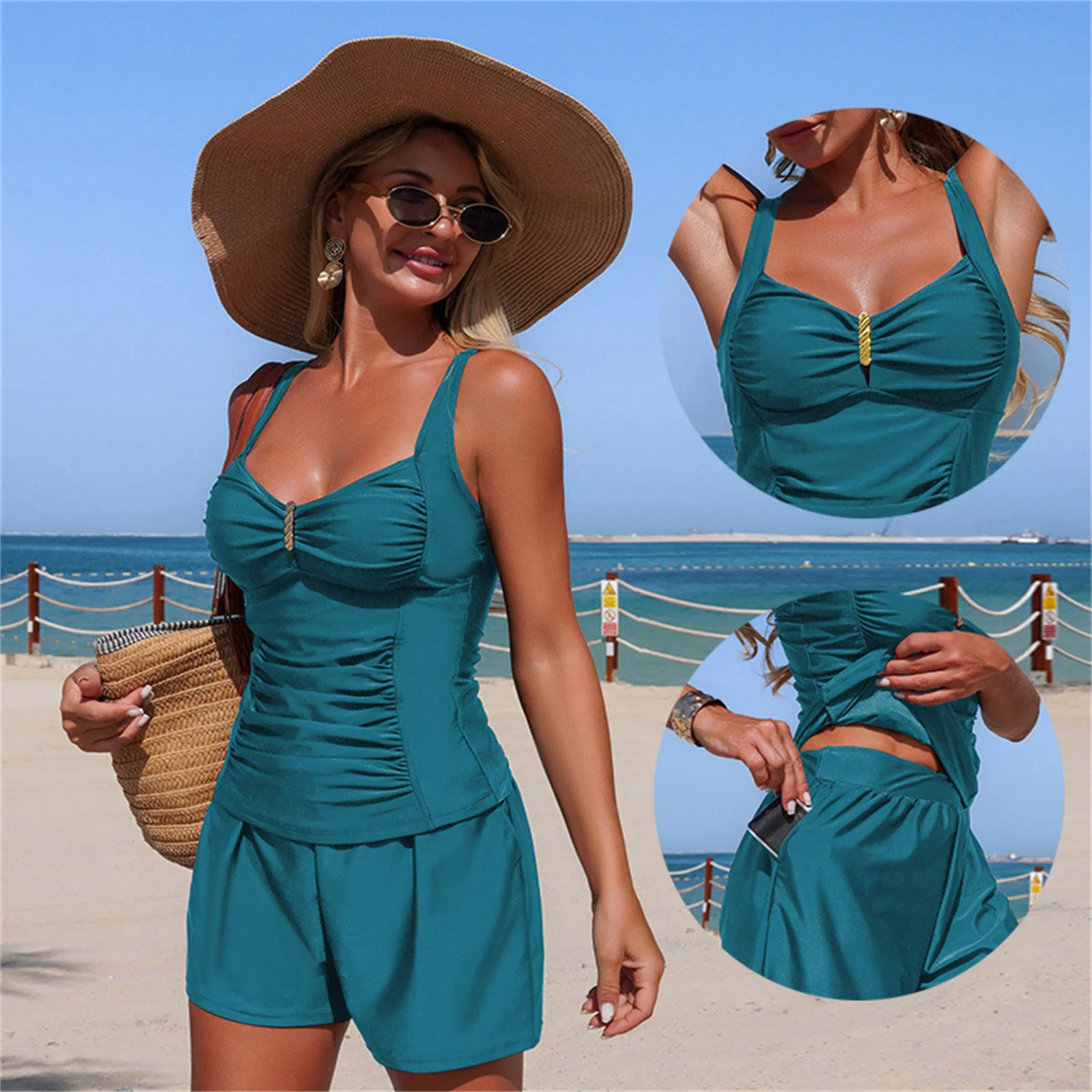 Ruched Tankini Set Summer Spaghetti Strap Pocketed Wide Leg Shorts Slimming Two Piece Beach Vacation Swimwear Bathing Suit