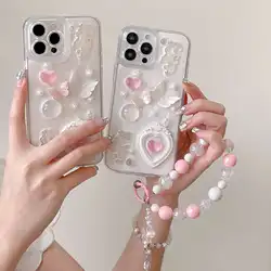 Custodia per telefono con bracciale a forma di cuore con farfalla 3D per iPhone 15 14 13 12 11 Pro Max X XR XS Max Cover posteriore antiurto in TPU morbido