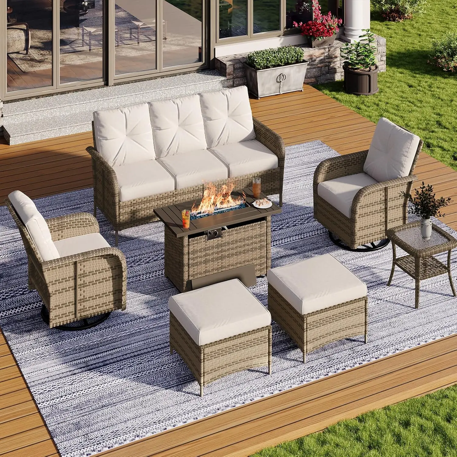 Outdoor Furniture Set With Fire Pit - 7-Piece Wicker Patio Set with 44